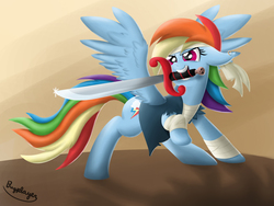Size: 1600x1200 | Tagged: safe, artist:bugplayer, rainbow dash, pegasus, pony, g4, clothes, ear piercing, earring, female, floppy ears, jewelry, mare, mouth hold, piercing, pirate, pirate dash, solo, sword, vest, weapon