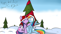 Size: 1280x720 | Tagged: safe, artist:geneticanomaly, rainbow dash, twilight sparkle, alicorn, pony, g4, ask-twi, blushing, christmas, female, hat, hearth's warming eve, kissing, lesbian, mare, ship:twidash, shipping, tumblr, twilight sparkle (alicorn)