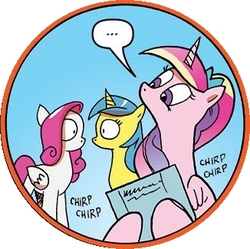 Size: 326x325 | Tagged: safe, idw, official comic, diamond rose, lemony gem, princess cadance, g4, spoiler:comic, chirping, circle, panel, teenager