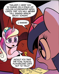 Size: 471x595 | Tagged: safe, idw, official comic, princess cadance, twilight sparkle, g4, spoiler:comic, filly, foalsitter, out of context, teen princess cadance, teenager