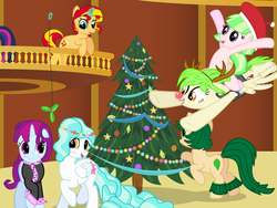 Size: 1280x960 | Tagged: safe, artist:violetclm, cherry crash, drama letter, mystery mint, paisley, sunset shimmer, sweet leaf, twilight sparkle, watermelody, pony, equestria girls, g4, background human, beret, blushing, christmas, christmas lights, christmas tree, clothes, equestria girls ponified, female, hat, hearth's warming, holly, holly mistaken for mistletoe, lesbian, paisleymint, ponified, reindeer antlers, rudolph nose, santa hat, scarf, shimmer six, tree