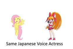 Size: 772x517 | Tagged: safe, fluttershy, human, pegasus, pony, g4, blossom (powerpuff girls), emiri katou, exploitable meme, female, hyper blossom, mare, meme, powerpuff girls z, same voice actor, simple background, the powerpuff girls, white background