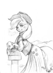 Size: 1100x1515 | Tagged: safe, artist:baron engel, applejack, g4, clothes, dress, female, looking at you, monochrome, pencil drawing, solo, traditional art