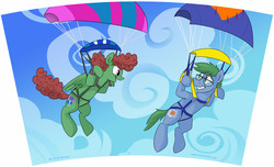Size: 1560x946 | Tagged: safe, artist:spainfischer, oc, oc only, oc:software patch, oc:windcatcher, pony, cup art, flying, parachute, skydiving, windpatch