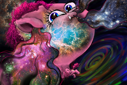 Size: 1600x1067 | Tagged: safe, artist:ja0822ck, pinkie pie, earth pony, pony, g4, abstract, doctor who, ethereal mane, female, nebula, pinkie pie is god, solo, tardis, the cosmos, wat