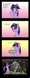 Size: 700x1806 | Tagged: safe, artist:mimtii, applejack, discord, twilight sparkle, g4, bait and switch, bipedal, cigarette, comic, drawn together, interrogation, muffin, smoking, violence