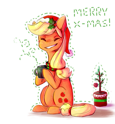 Size: 800x862 | Tagged: safe, artist:tokiball12345, applejack, g4, christmas, drink, female, hat, santa hat, sitting, smiling, solo