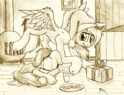 Size: 1435x1100 | Tagged: safe, artist:punk-pegasus, rainbow dash, scootaloo, pegasus, pony, g4, christmas, cookie, eyes closed, female, filly, floppy ears, foal, food, furnace, glass, glass of milk, hat, hearth's warming eve, holiday, lying down, mare, milk, monochrome, plate, present, prone, santa hat, scootalove, signature, sleeping, spread wings, traditional art, wings
