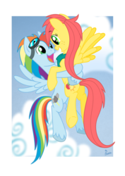 Size: 600x849 | Tagged: safe, artist:thephoebster, oc, oc only, oc:storm, oc:suncrisp, female, goggles, happy, hug, male, offspring, offspring shipping, parent:big macintosh, parent:fluttershy, parent:rainbow dash, parent:soarin', parents:fluttermac, parents:soarindash, shipping, straight