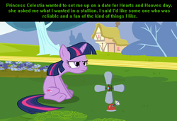 Size: 1054x720 | Tagged: safe, twilight sparkle, g4, bad date, fan, female, grumpy twilight, solo, text, trollestia