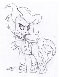 Size: 919x1190 | Tagged: safe, artist:luckygirl88, mane-iac, g4, power ponies (episode), monochrome, rule 63, solo, traditional art