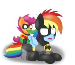 Size: 2300x2000 | Tagged: safe, alternate version, artist:blackbewhite2k7, rainbow dash, scootaloo, pegasus, pony, g4, baby, baby pony, baby scootaloo, batman, batman and robin, batmare, biting, crossover, filly, hair bite, lying down, nom, parody, prone, robin, robinloo, simple background, textless, textless version, transparent background, vector, younger