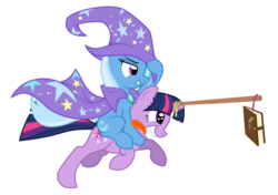Size: 1280x902 | Tagged: safe, artist:discorded, trixie, twilight sparkle, g4, book, carrot on a stick, ponies riding ponies, riding, that pony sure does love books, trixie riding twilight