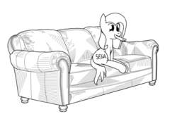 Size: 1050x681 | Tagged: safe, oc, oc only, /v/, couch, monochrome, mouth hold, sega, solo, template, wii