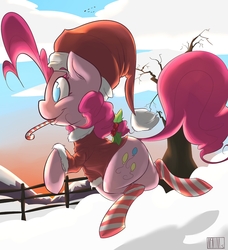 Size: 1280x1402 | Tagged: safe, artist:mcnims, pinkie pie, g4, backlighting, candy cane, christmas, clothes, costume, female, hearth's warming eve, mouth hold, snow, socks, solo, striped socks