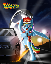 Size: 2400x3000 | Tagged: safe, artist:mykegreywolf, rainbow dash, pegasus, pony, g4, back to the future, bipedal, clothes, crossover, delorean, female, fire, mare, open mouth, road, signature, solo, sunglasses, text, underhoof, vest, watch
