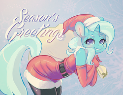 Size: 800x618 | Tagged: safe, artist:lizombie, trixie, unicorn, anthro, g4, bag, christmas, clothes, evening gloves, female, hat, looking at you, santa costume, santa hat, smiling, solo, stockings