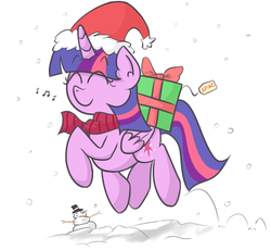 Size: 1100x1010 | Tagged: dead source, safe, artist:twily-and-friends, twilight sparkle, alicorn, pony, g4, bouncing, bow, christmas, clothes, cute, eyes closed, female, hat, mare, present, santa hat, scarf, singing, smiling, snow, snowfall, snowman, solo, trotting, twiabetes, twilight sparkle (alicorn)