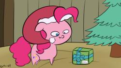 Size: 1280x720 | Tagged: safe, artist:captain64, pinkie pie, g4, christmas, female, hat, present, santa hat, solo