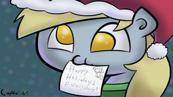 Size: 1191x670 | Tagged: dead source, safe, artist:captain64, derpy hooves, pegasus, pony, g4, christmas, female, hat, letter, mare, mouth hold, santa hat, solo