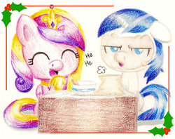 Size: 600x474 | Tagged: safe, artist:flutterluv, princess cadance, shining armor, g4, christmas, holly, traditional art