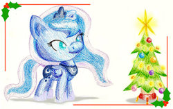 Size: 800x501 | Tagged: safe, artist:flutterluv, princess luna, g4, chibi, christmas, christmas tree, female, holly, solo, traditional art, tree