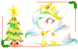 Size: 800x508 | Tagged: safe, artist:flutterluv, princess celestia, g4, chibi, christmas, christmas tree, female, holly, solo, traditional art, tree