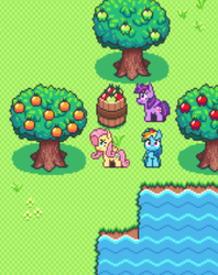 Size: 305x386 | Tagged: safe, artist:ponett, fluttershy, rainbow dash, twilight sparkle, super lesbian horse rpg, g4, apple, buckets, lake, orange, sweet apple acres