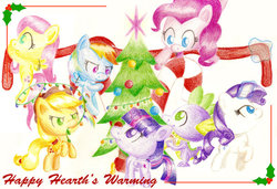 Size: 600x410 | Tagged: safe, artist:flutterluv, applejack, fluttershy, pinkie pie, rainbow dash, rarity, spike, twilight sparkle, alicorn, pony, g4, christmas, christmas tree, female, holly, mane seven, mane six, mare, traditional art, tree, twilight sparkle (alicorn)