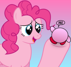 Size: 6443x6137 | Tagged: safe, pinkie pie, puffball, g4, .ai available, absurd resolution, crossover, hi, holding, kirby, kirby (series), open mouth, simple background, smiling, vector, waving