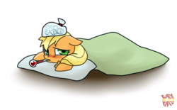Size: 600x372 | Tagged: safe, artist:norang94, applejack, g4, backwards thermometer, blanket, blushing, female, floppy ears, ice pack, pillow, sick, solo, thermometer