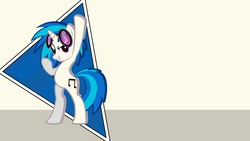 Size: 1920x1080 | Tagged: safe, artist:likonan, artist:mateo-thefox, dj pon-3, vinyl scratch, pony, unicorn, g4, abstract background, bipedal, female, hooves, horn, mare, smiling, solo, sunglasses, teeth, triangle, vector, wallpaper