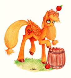 Size: 1084x1184 | Tagged: safe, artist:-fuchs-, applejack, alicorn, pony, g4, alicornified, annoyed, apple, applecorn, colored, female, race swap, scrunchy face, simple background, solo, traditional art
