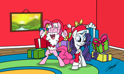 Size: 2500x1500 | Tagged: safe, artist:gearholder, pinkie pie, rarity, g4, beard, clothes, hat, present, santa costume, santa hat