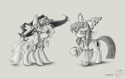 Size: 2240x1420 | Tagged: safe, artist:melancholy, female, hakurei reimu, kirisame marisa, mare, monochrome, ponified, touhou