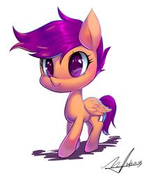 Size: 1819x2211 | Tagged: safe, artist:jggjqm522, scootaloo, pegasus, pony, g4, cute, female, filly, signature, simple background, smiling, solo, white background