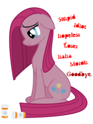 Size: 768x1024 | Tagged: safe, artist:pieski, pinkie pie, g4, crying, disembodied thoughts, female, pinkamena diane pie, sad, simple background, sleeping pills, solo, suicide, transparent background, vector