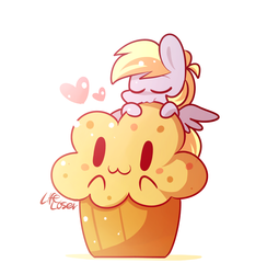 Size: 880x900 | Tagged: safe, artist:php56, derpy hooves, pegasus, pony, g4, :3, chibi, cute, derpabetes, eyes closed, female, giant muffin, heart, mare, muffin, nom, smiling, solo, that pony sure does love muffins