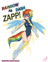 Size: 965x1241 | Tagged: safe, artist:arteses-canvas, rainbow dash, zapp, human, g4, power ponies (episode), don't dead open inside, female, humanized, leotard, light skin, power ponies, solo, tailed humanization, winged humanization