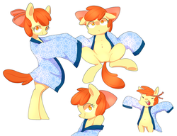 Size: 1280x983 | Tagged: safe, artist:sion, apple bloom, earth pony, pony, semi-anthro, g4, adorabloom, alternate hairstyle, belly button, bipedal, braid, clothes, cute, eyes closed, female, floppy ears, looking at you, on back, open mouth, pajamas, smiling, solo, underhoof, wide eyes