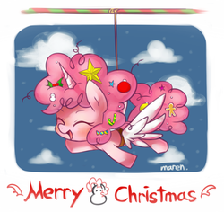 Size: 1269x1196 | Tagged: safe, artist:maren, pinkie pie, earth pony, pony, g4, alicorn party, christmas, cute, diapinkes, fake horn, fake wings, female, flying, partycorn, solo, wings