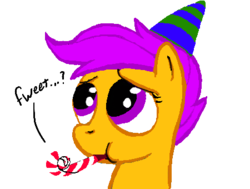 Size: 450x340 | Tagged: artist needed, safe, scootaloo, g4, female, hat, party hat, party horn, solo