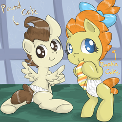 Size: 1000x1000 | Tagged: safe, artist:wonton soup, pound cake, pumpkin cake, pony, baby cakes, g4, baby, baby pony, cute, diaper, pixiv, siblings
