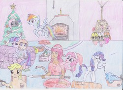 Size: 3501x2550 | Tagged: safe, artist:danail24, apple bloom, applejack, fluttershy, pinkie pie, rainbow dash, rarity, scootaloo, spike, sweetie belle, twilight sparkle, oc, saiyan, g4, christmas, christmas tree, crossover, cutie mark crusaders, dragon ball, dragon ball z, fanfic, fanfic art, hearth's warming eve, holiday, hung upside down, present, splinter cell, tied up, tree, upside down