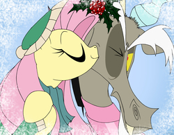 Size: 3256x2544 | Tagged: safe, artist:grievousfan, discord, fluttershy, g4, annoyed, clothes, cute, duo, female, friendshipping, hat, holly, holly mistaken for mistletoe, male, nuzzling, one eye closed, scarf