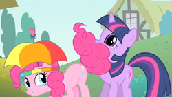 Size: 853x480 | Tagged: safe, screencap, pinkie pie, twilight sparkle, pony, feeling pinkie keen, g4, dilated pupils, grin, hat, heart, house, looking back, out of context, seduction, smiling, standing, surprised, tail on face, tail seduce, umbrella