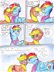 Size: 2514x3300 | Tagged: safe, artist:tristanjsolarez, applejack, rainbow dash, earth pony, pegasus, pony, comic:trans ponies, g4, blue background, blushing, clothes, crying, duo, female, flirting, half r63 shipping, high res, male, mare, nudity, nuzzling, rainbow blitz, rule 63, scarf, sheath, ship:appleblitz, ship:appledash, shipping, simple background, stallion, straight, tears of joy, traditional art, transgender