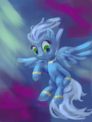 Size: 1200x1600 | Tagged: safe, artist:fahu, fleetfoot, pegasus, pony, g4, clothes, female, flying, mare, smiling, solo, uniform, wonderbolts uniform