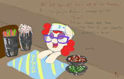 Size: 1400x900 | Tagged: safe, artist:aa, twist, earth pony, pony, g4, female, filly, glasses, hat, solo, sweets