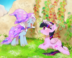 Size: 1076x871 | Tagged: safe, artist:chi-hayu, trixie, twilight sparkle, alicorn, pony, g4, blushing, female, floral head wreath, lesbian, mare, ship:twixie, shipping, twilight sparkle (alicorn)